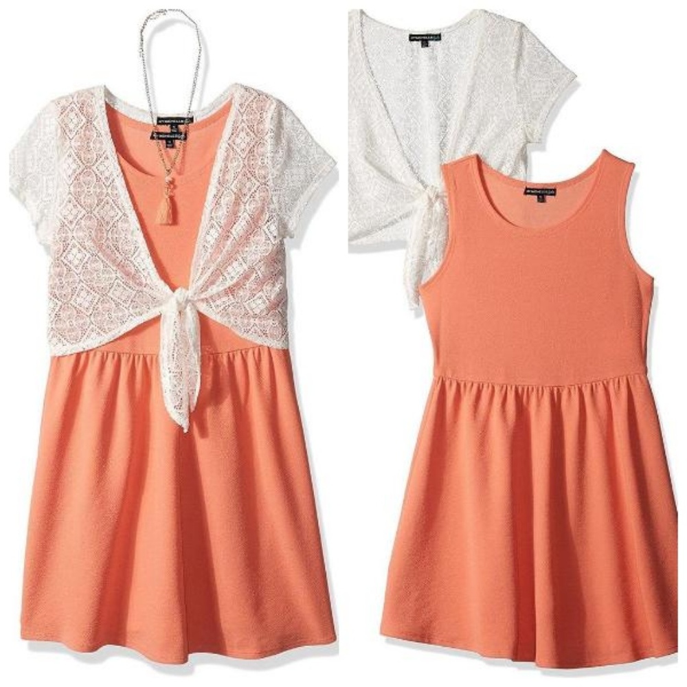 My Michelle Girls Coral Skater Dress Crochet Cardigan + Necklace size‎ 10